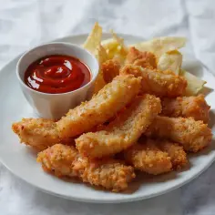 Chrupiące stripsy z kurczaka z ketchupem i chipsami na białym talerzu. Idealna przekąska!