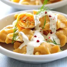 Pyszne pierogi z farszem, polane sosem śmietanowym i posypane koperkiem. Idealne na niedzielny obiad dla gości, przepisy na nie znajdziesz w internecie.