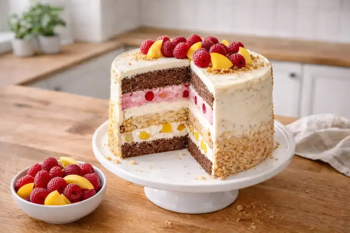Pyszny tort z warstwami czekoladowego biszkoptu, owocowych musów i kremu śmietankowego do tortu bez mascarpone, ozdobiony malinami i brzoskwiniami.