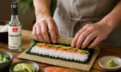 Ręce zwijają sushi z łososiem i awokado na macie bambusowej. Obok butelka octu ryżowego TOKYOTO, idealna zaprawa do sushi na 500g ryżu.
